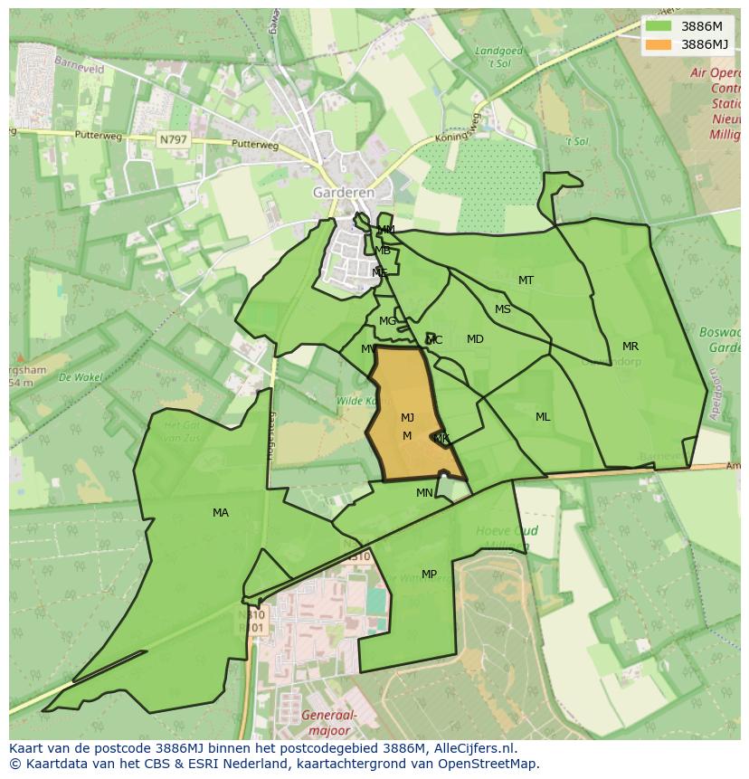 Afbeelding van het postcodegebied 3886 MJ op de kaart.