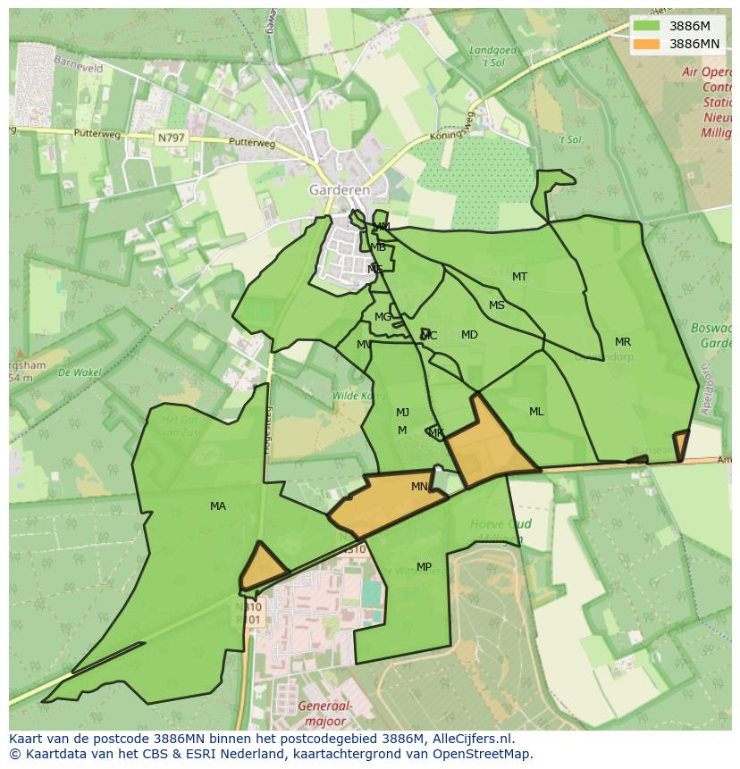 Afbeelding van het postcodegebied 3886 MN op de kaart.