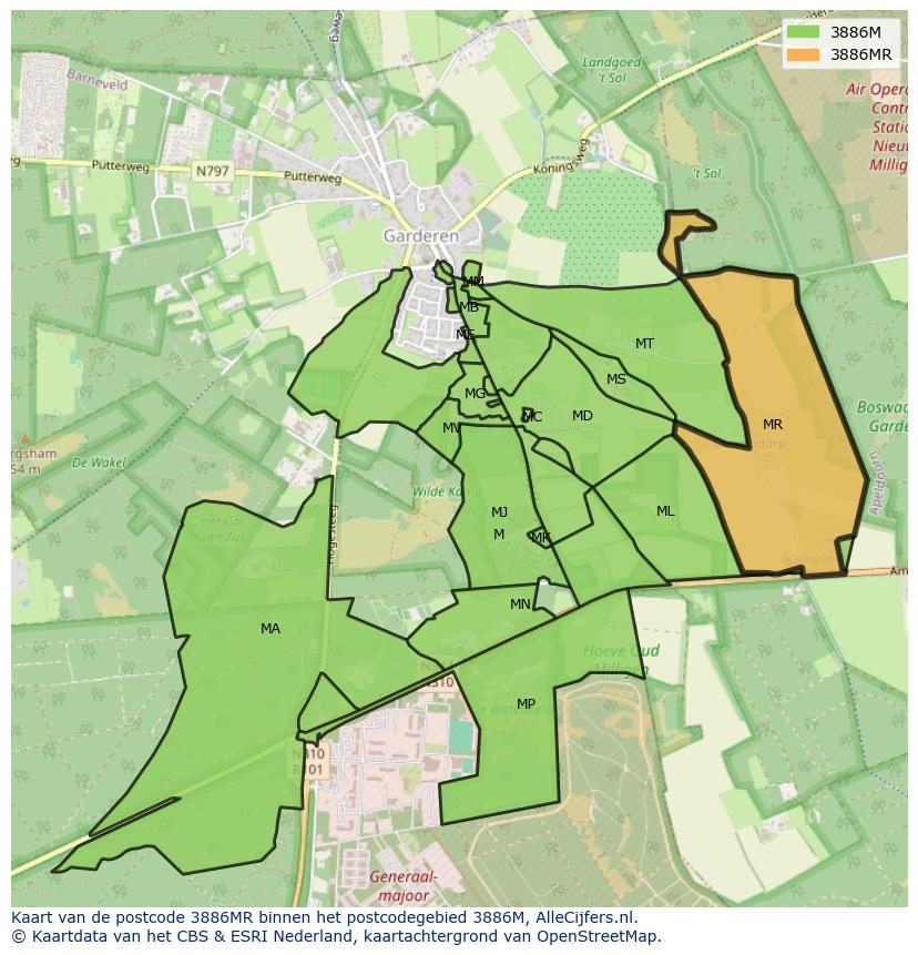 Afbeelding van het postcodegebied 3886 MR op de kaart.