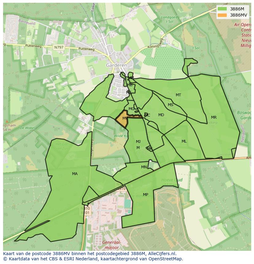 Afbeelding van het postcodegebied 3886 MV op de kaart.