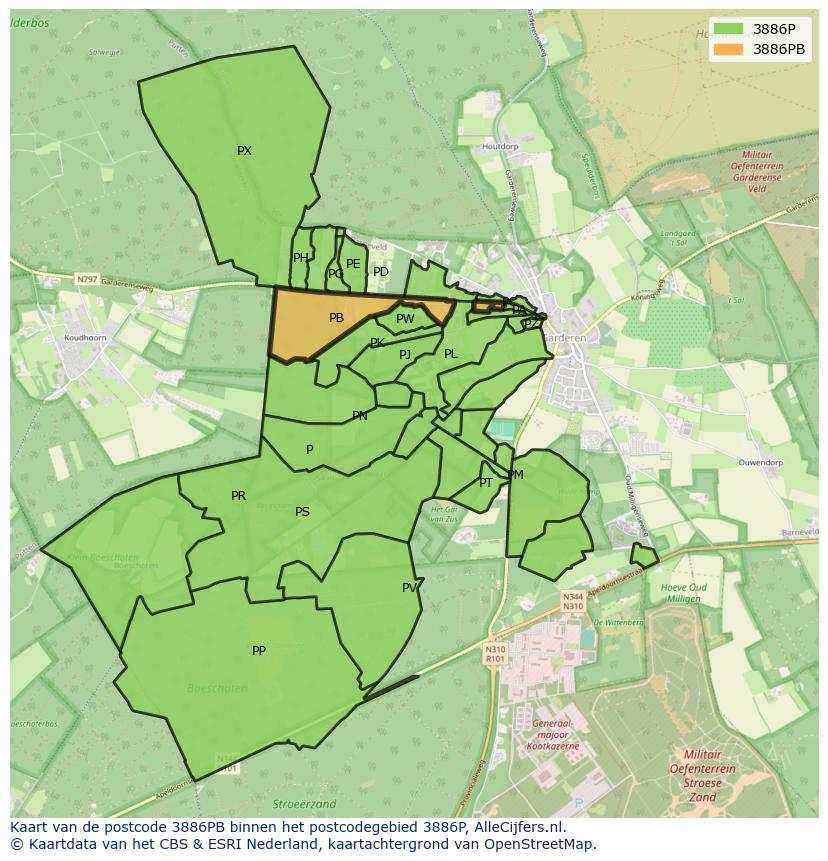 Afbeelding van het postcodegebied 3886 PB op de kaart.