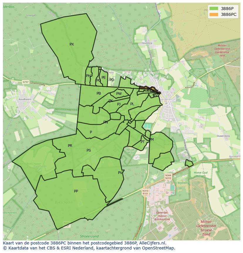 Afbeelding van het postcodegebied 3886 PC op de kaart.