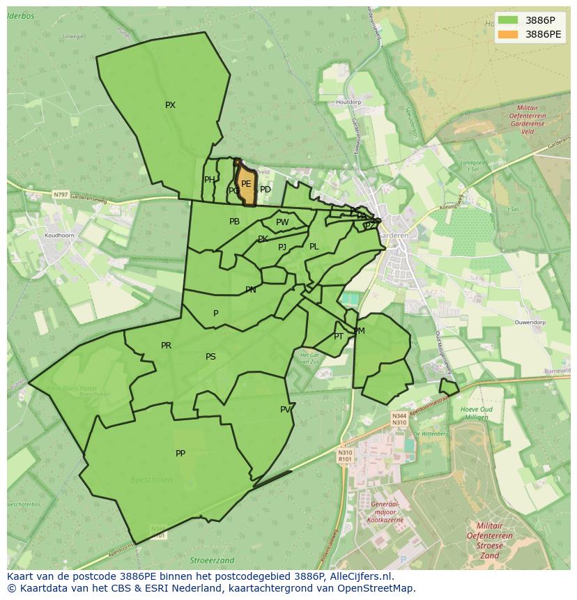 Afbeelding van het postcodegebied 3886 PE op de kaart.