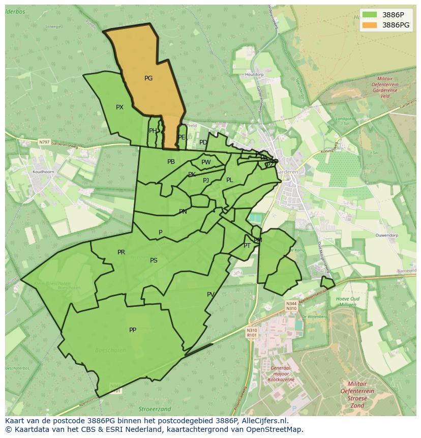 Afbeelding van het postcodegebied 3886 PG op de kaart.