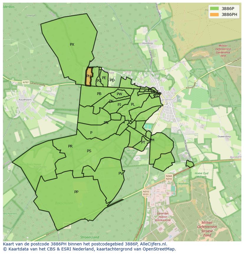 Afbeelding van het postcodegebied 3886 PH op de kaart.