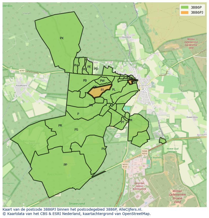 Afbeelding van het postcodegebied 3886 PJ op de kaart.