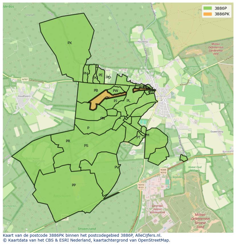 Afbeelding van het postcodegebied 3886 PK op de kaart.