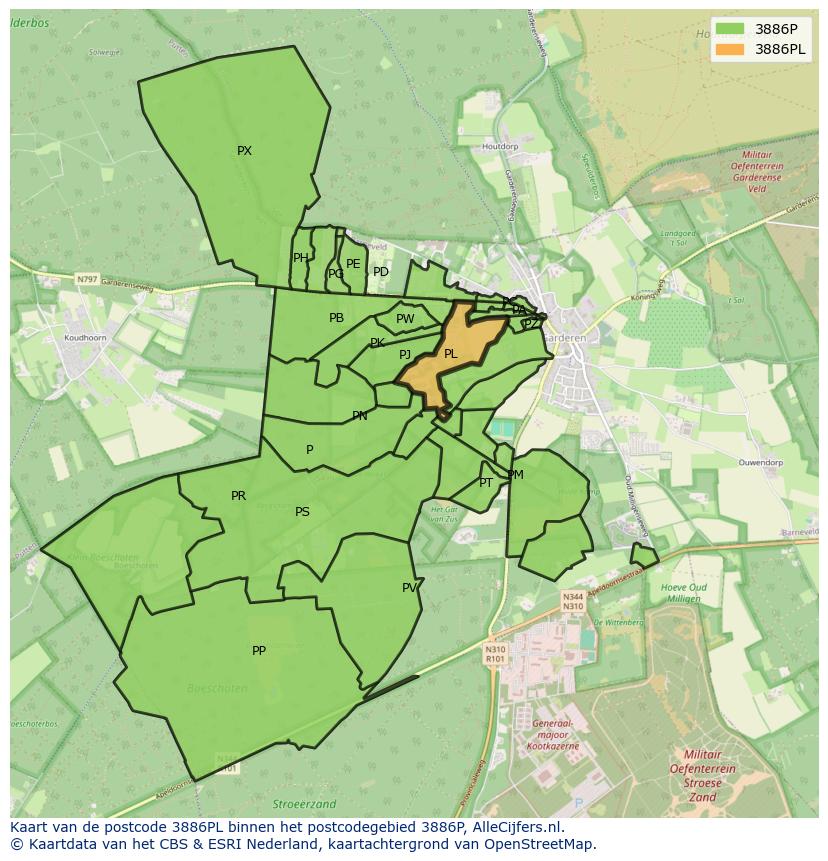 Afbeelding van het postcodegebied 3886 PL op de kaart.