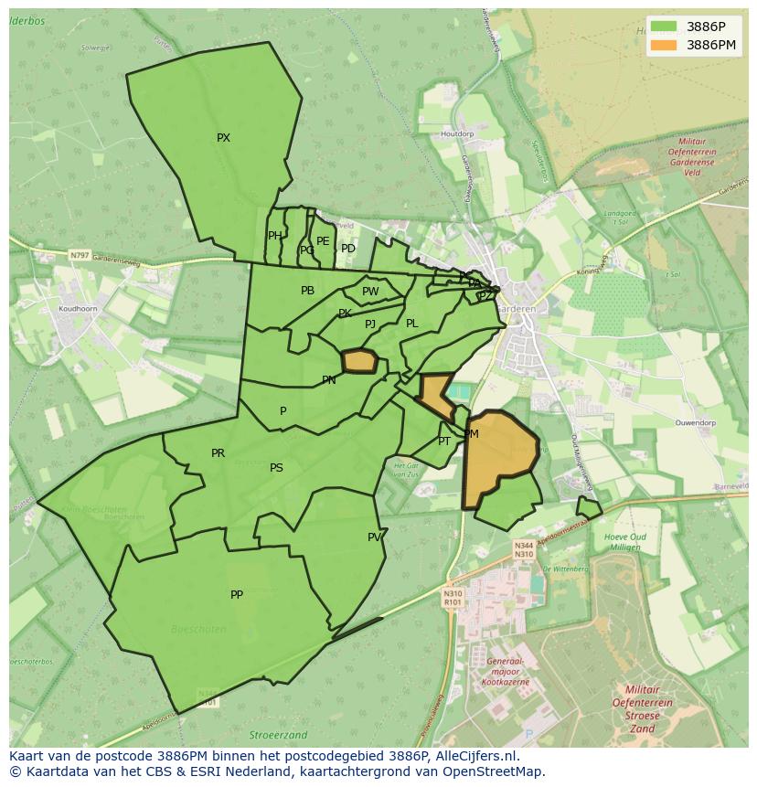 Afbeelding van het postcodegebied 3886 PM op de kaart.
