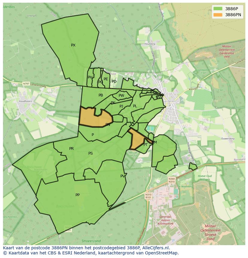 Afbeelding van het postcodegebied 3886 PN op de kaart.
