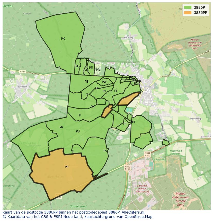 Afbeelding van het postcodegebied 3886 PP op de kaart.