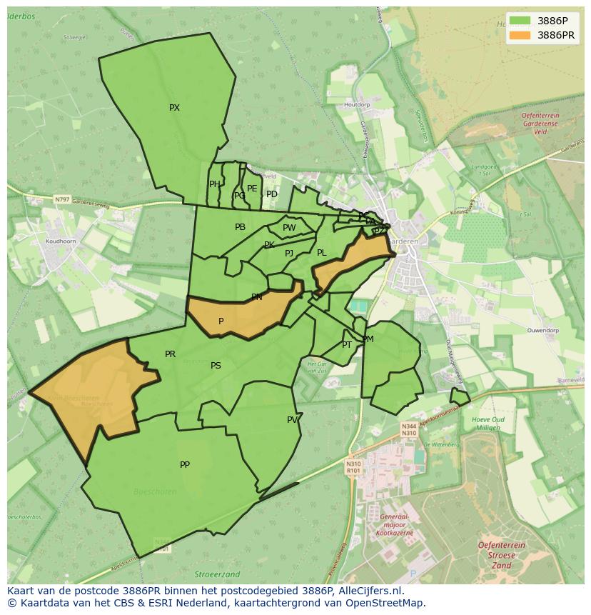 Afbeelding van het postcodegebied 3886 PR op de kaart.