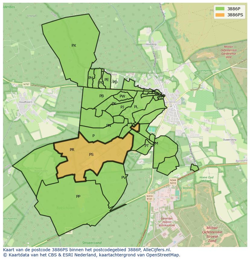 Afbeelding van het postcodegebied 3886 PS op de kaart.