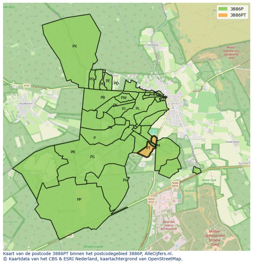Afbeelding van het postcodegebied 3886 PT op de kaart.
