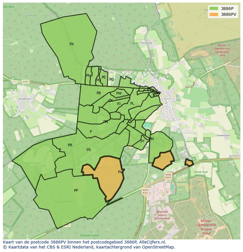 Afbeelding van het postcodegebied 3886 PV op de kaart.