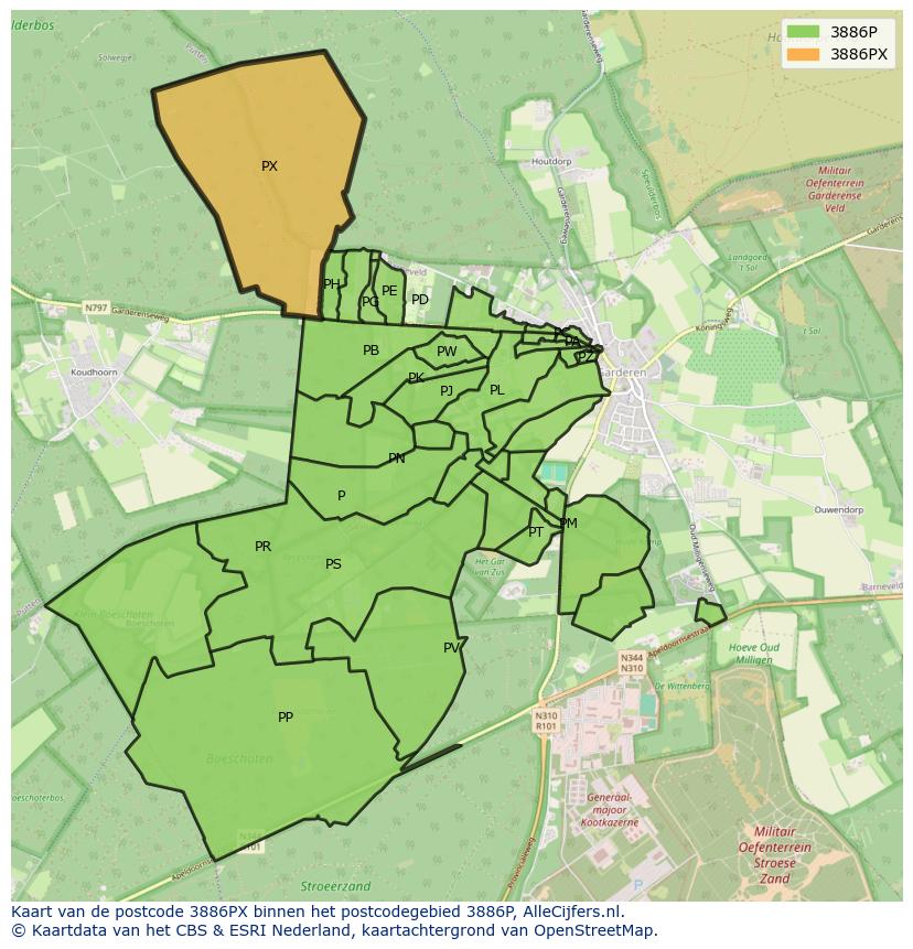 Afbeelding van het postcodegebied 3886 PX op de kaart.