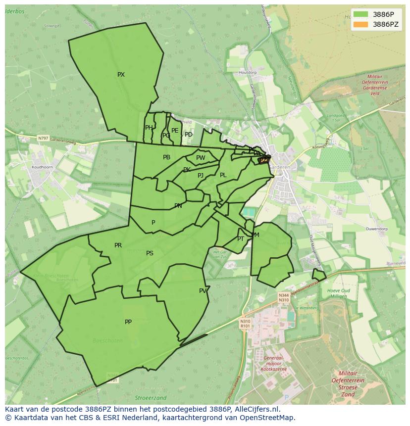 Afbeelding van het postcodegebied 3886 PZ op de kaart.