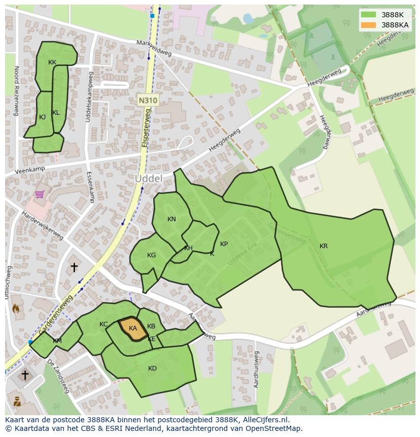 Afbeelding van het postcodegebied 3888 KA op de kaart.