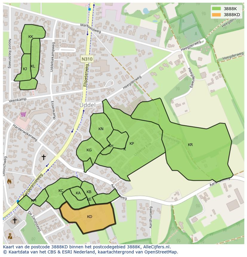 Afbeelding van het postcodegebied 3888 KD op de kaart.