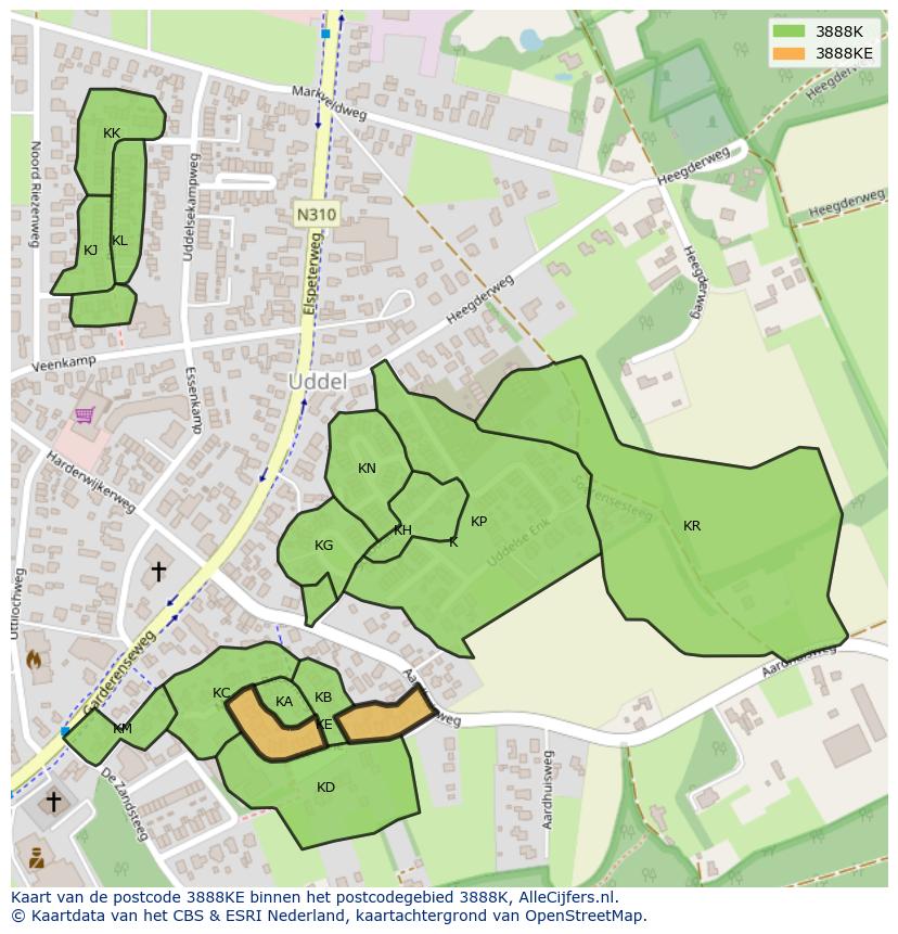 Afbeelding van het postcodegebied 3888 KE op de kaart.