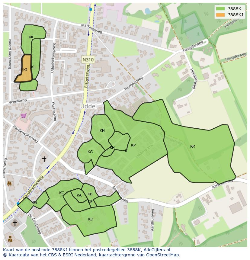 Afbeelding van het postcodegebied 3888 KJ op de kaart.