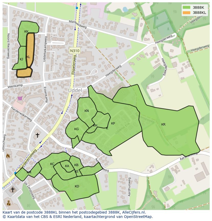 Afbeelding van het postcodegebied 3888 KL op de kaart.