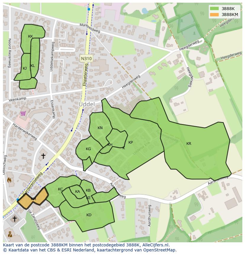Afbeelding van het postcodegebied 3888 KM op de kaart.