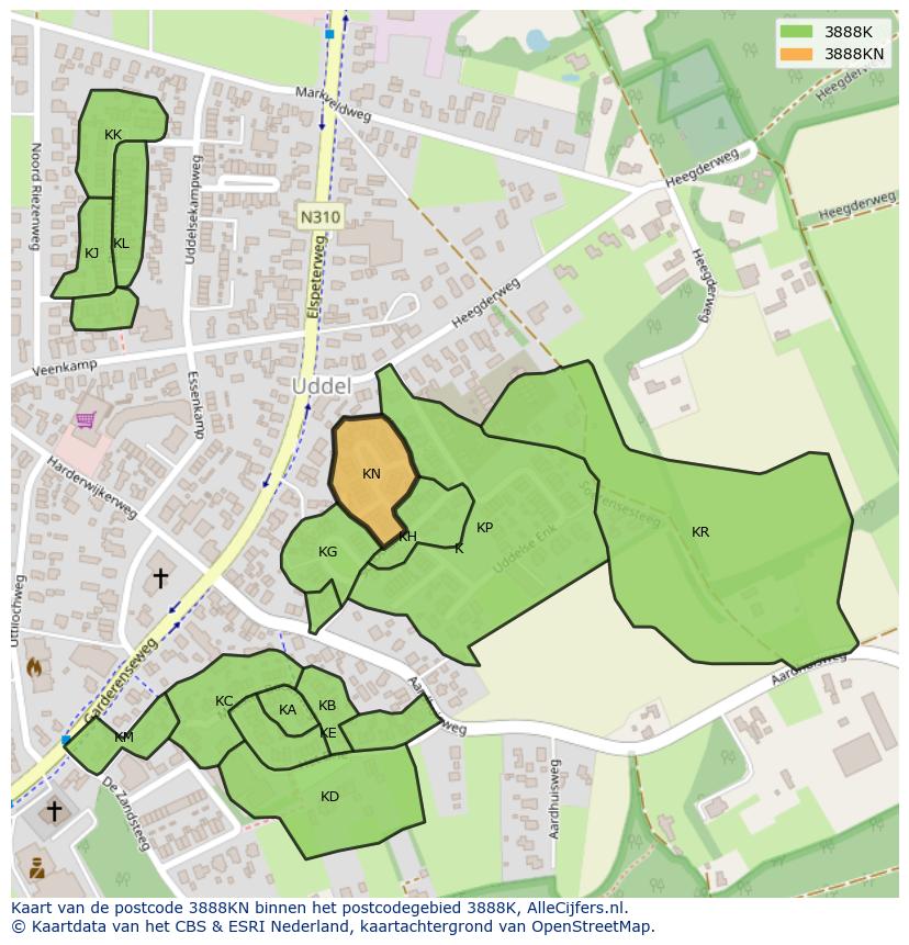 Afbeelding van het postcodegebied 3888 KN op de kaart.