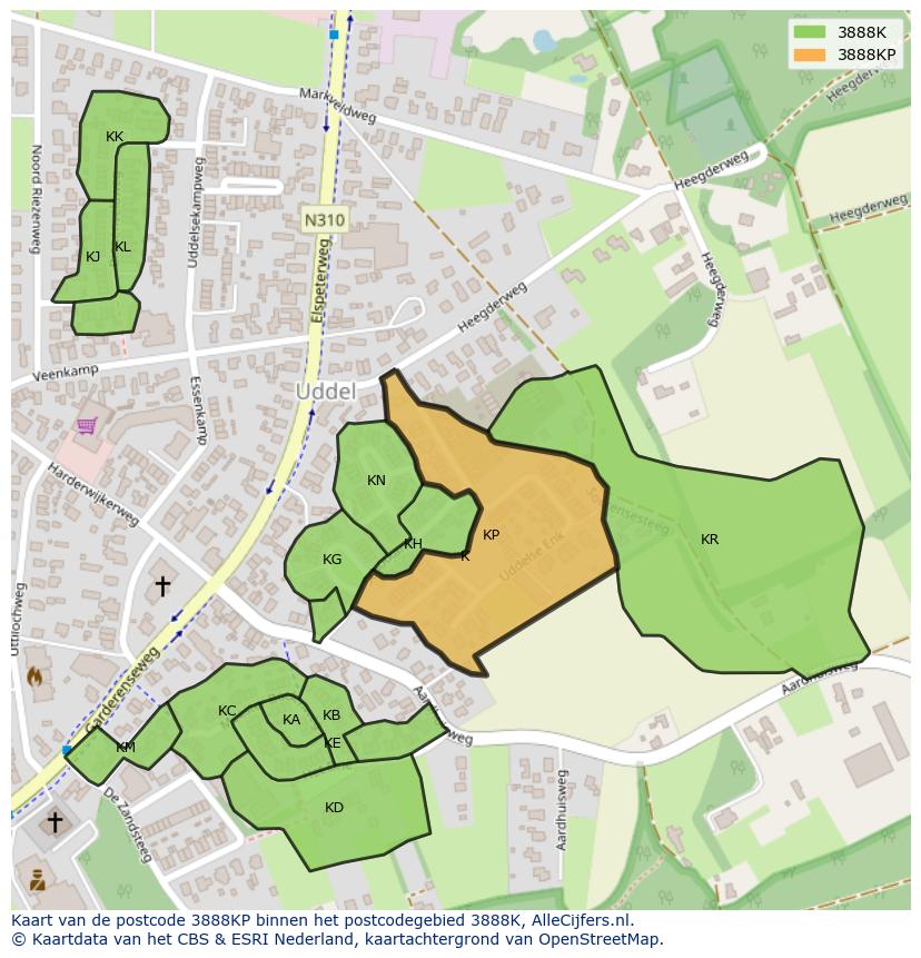 Afbeelding van het postcodegebied 3888 KP op de kaart.