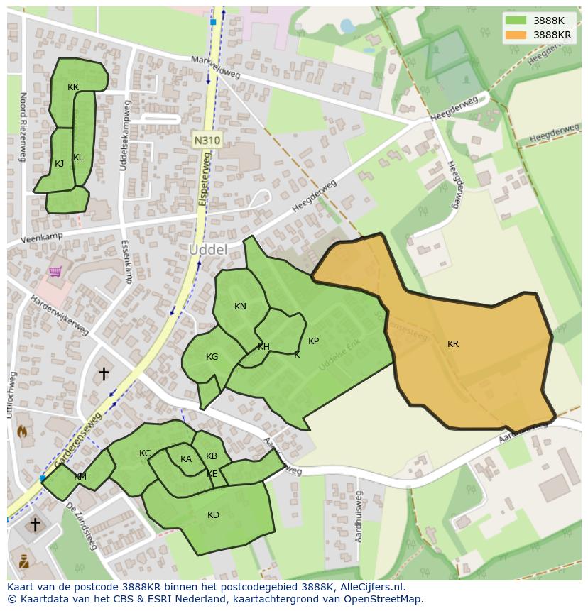 Afbeelding van het postcodegebied 3888 KR op de kaart.