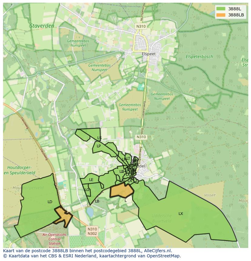 Afbeelding van het postcodegebied 3888 LB op de kaart.