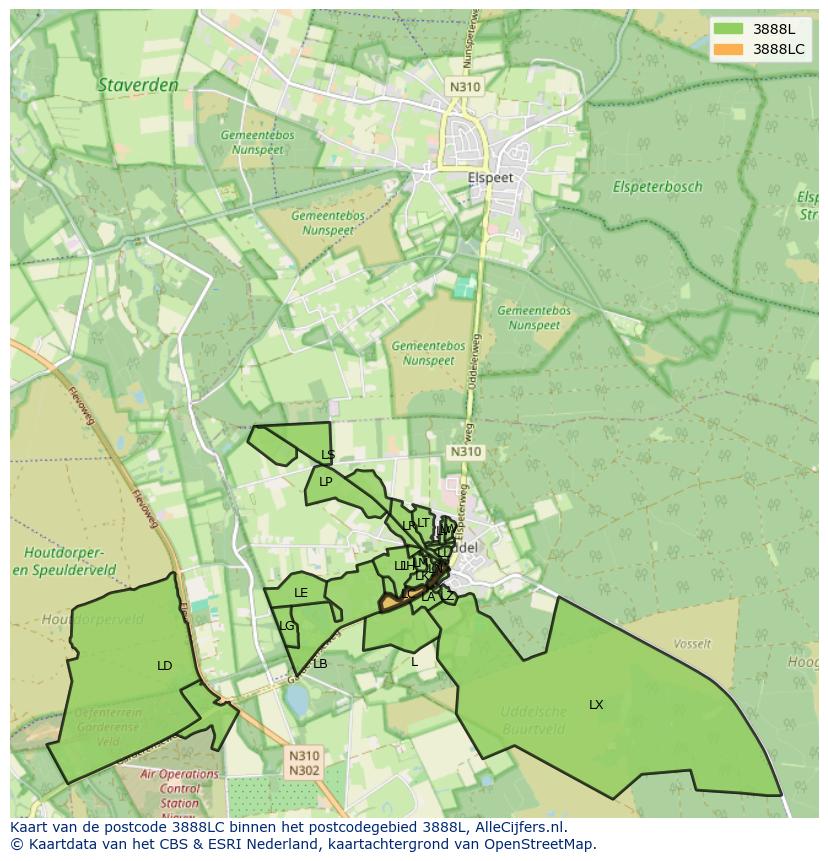 Afbeelding van het postcodegebied 3888 LC op de kaart.