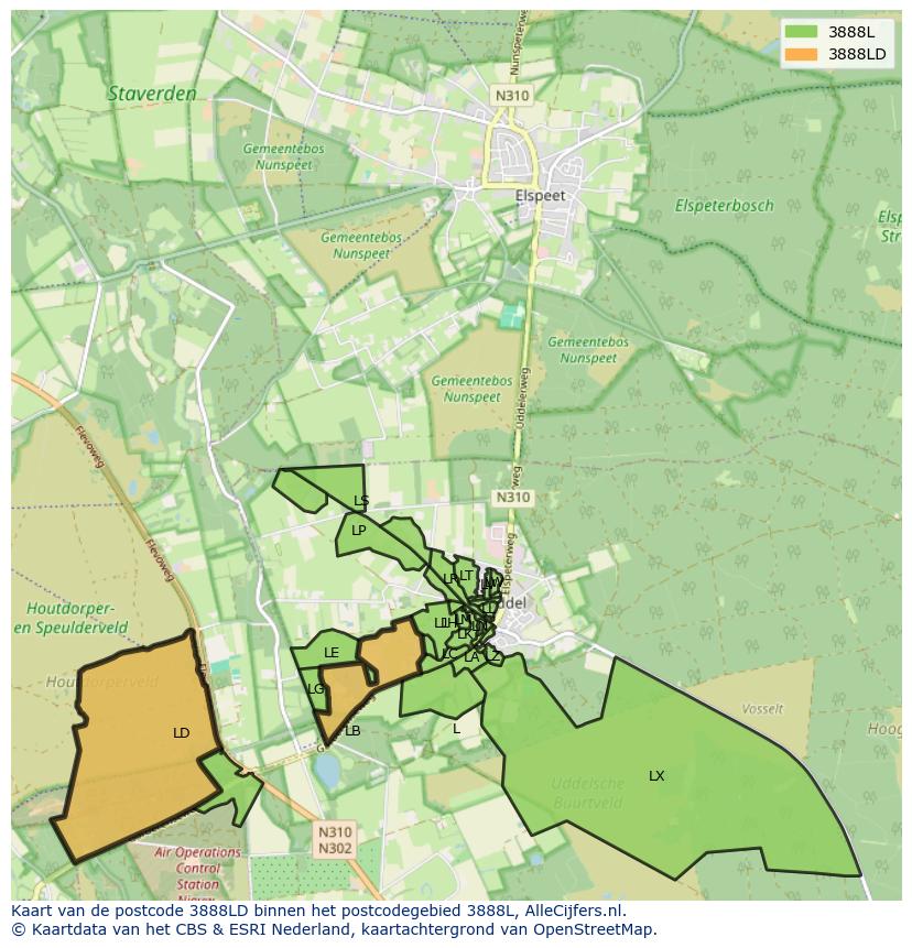 Afbeelding van het postcodegebied 3888 LD op de kaart.
