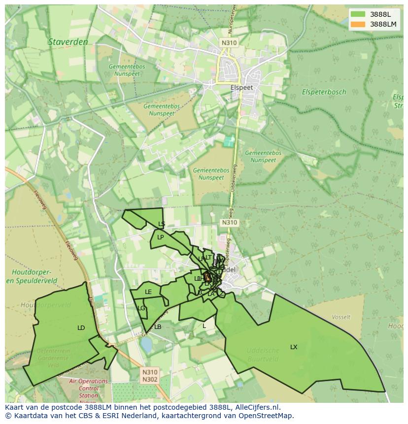 Afbeelding van het postcodegebied 3888 LM op de kaart.