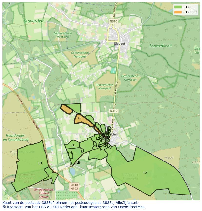 Afbeelding van het postcodegebied 3888 LP op de kaart.