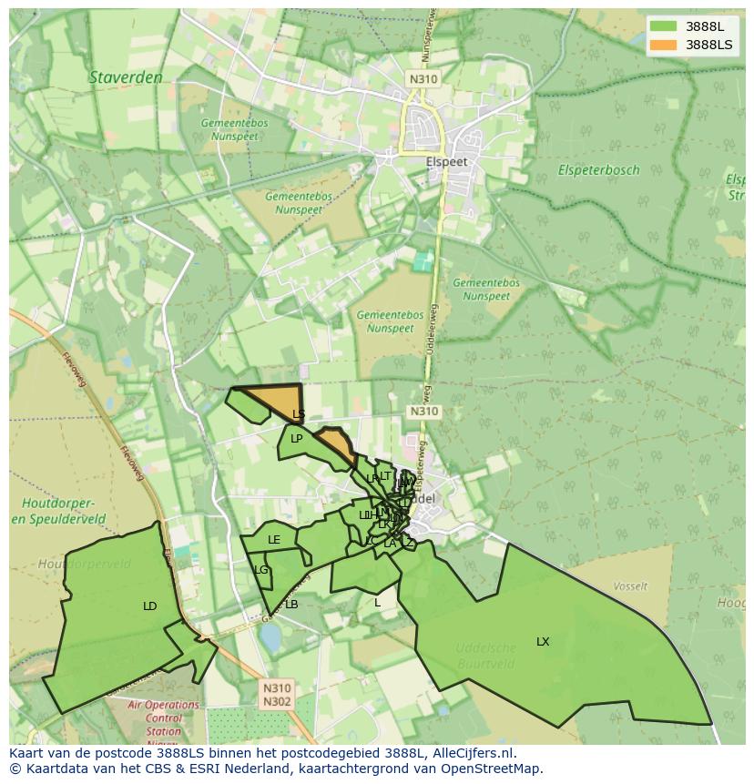 Afbeelding van het postcodegebied 3888 LS op de kaart.