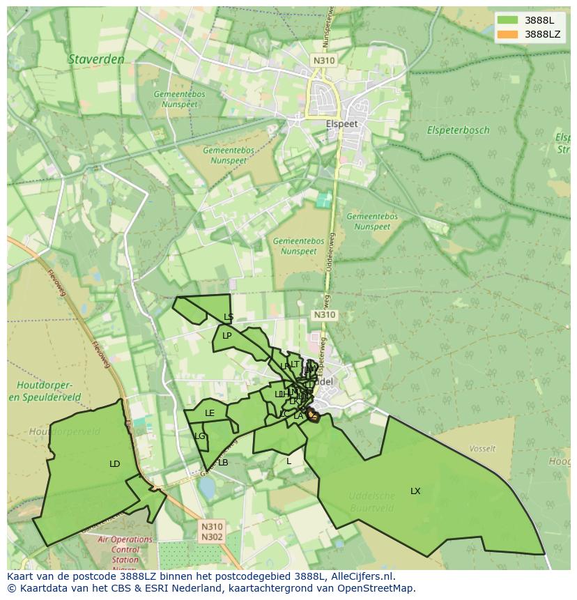 Afbeelding van het postcodegebied 3888 LZ op de kaart.