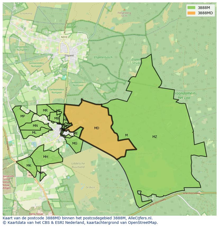 Afbeelding van het postcodegebied 3888 MD op de kaart.