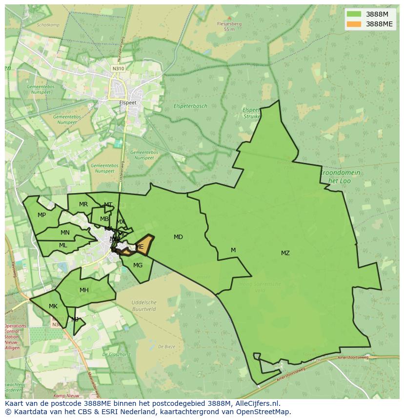 Afbeelding van het postcodegebied 3888 ME op de kaart.