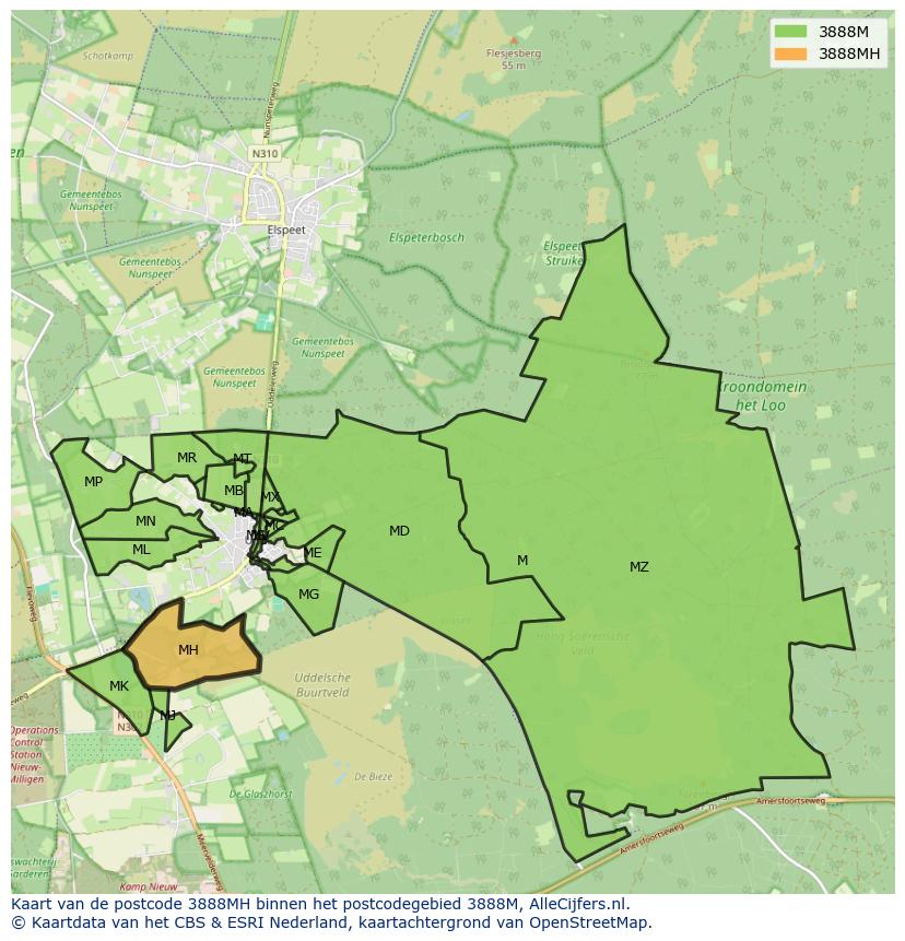 Afbeelding van het postcodegebied 3888 MH op de kaart.