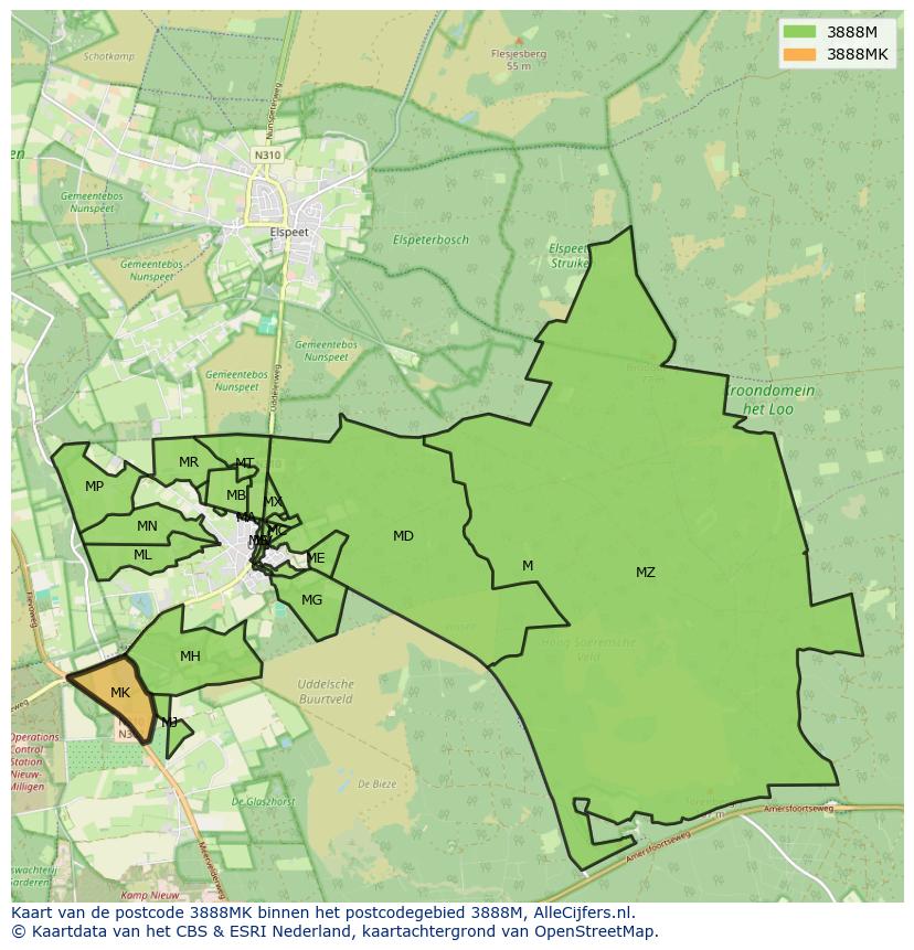 Afbeelding van het postcodegebied 3888 MK op de kaart.