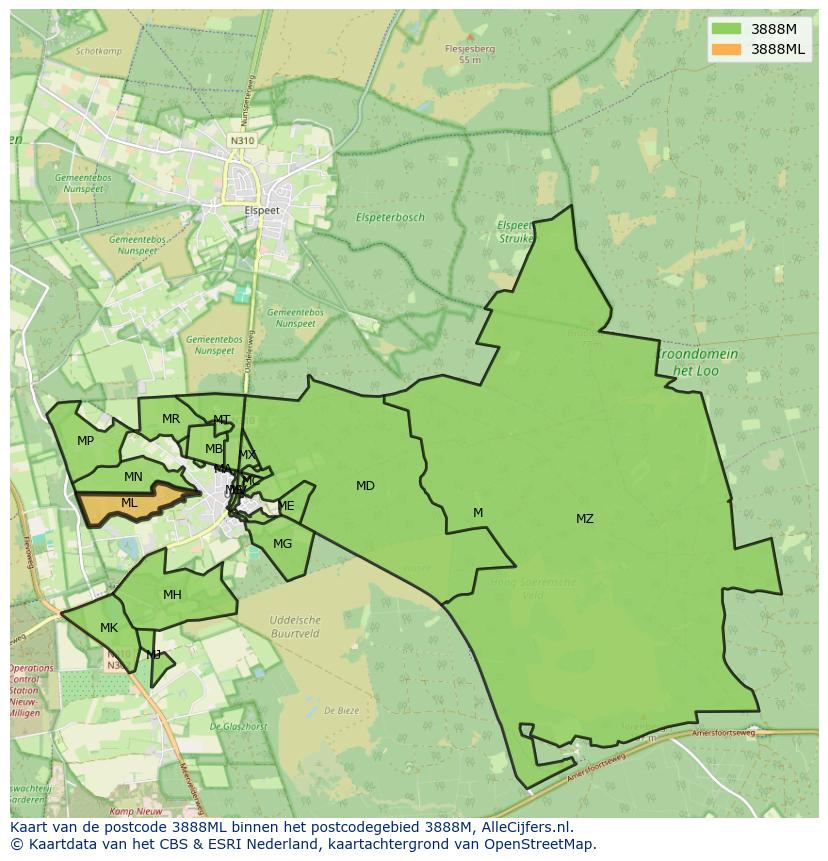 Afbeelding van het postcodegebied 3888 ML op de kaart.