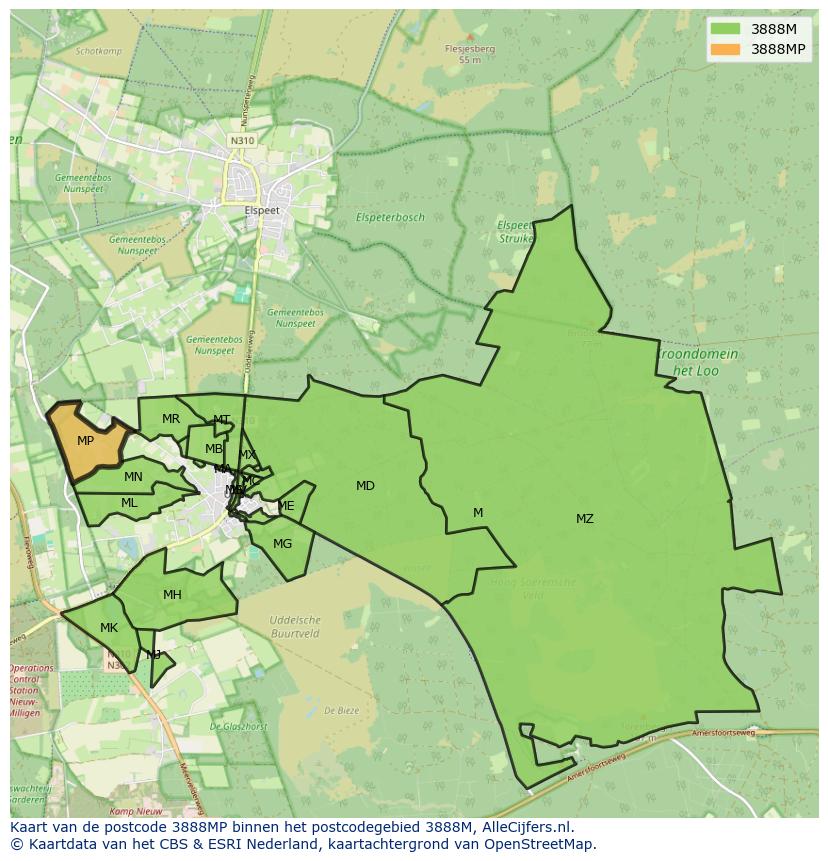 Afbeelding van het postcodegebied 3888 MP op de kaart.