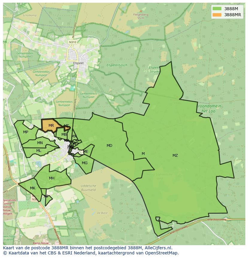 Afbeelding van het postcodegebied 3888 MR op de kaart.