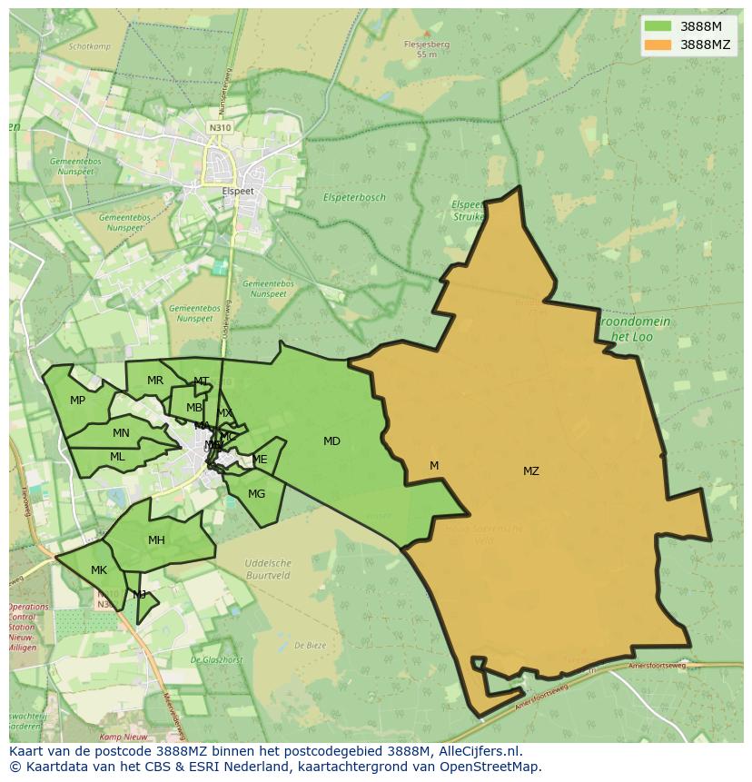 Afbeelding van het postcodegebied 3888 MZ op de kaart.