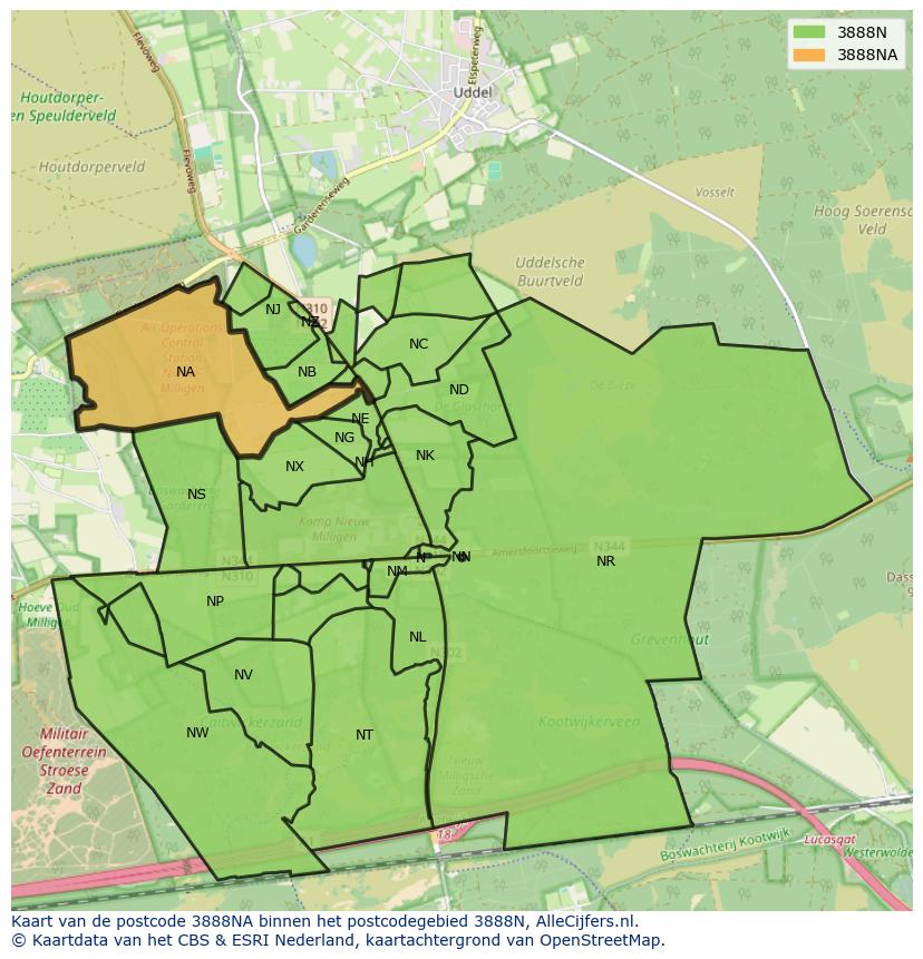 Afbeelding van het postcodegebied 3888 NA op de kaart.