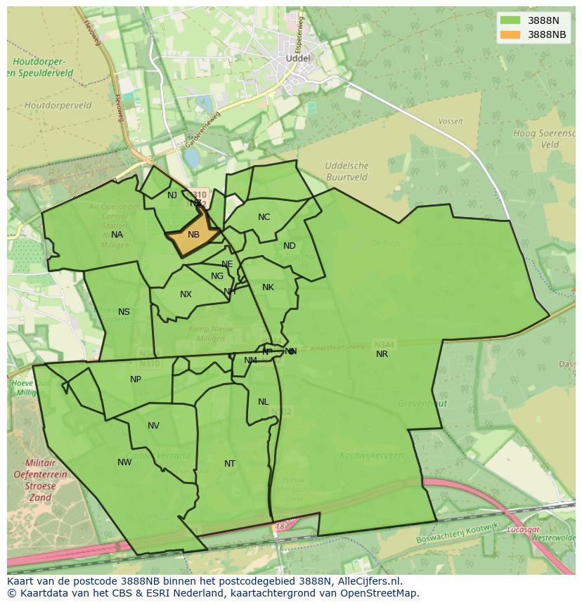 Afbeelding van het postcodegebied 3888 NB op de kaart.