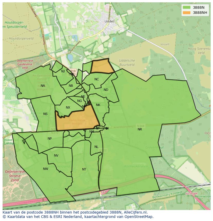 Afbeelding van het postcodegebied 3888 NH op de kaart.