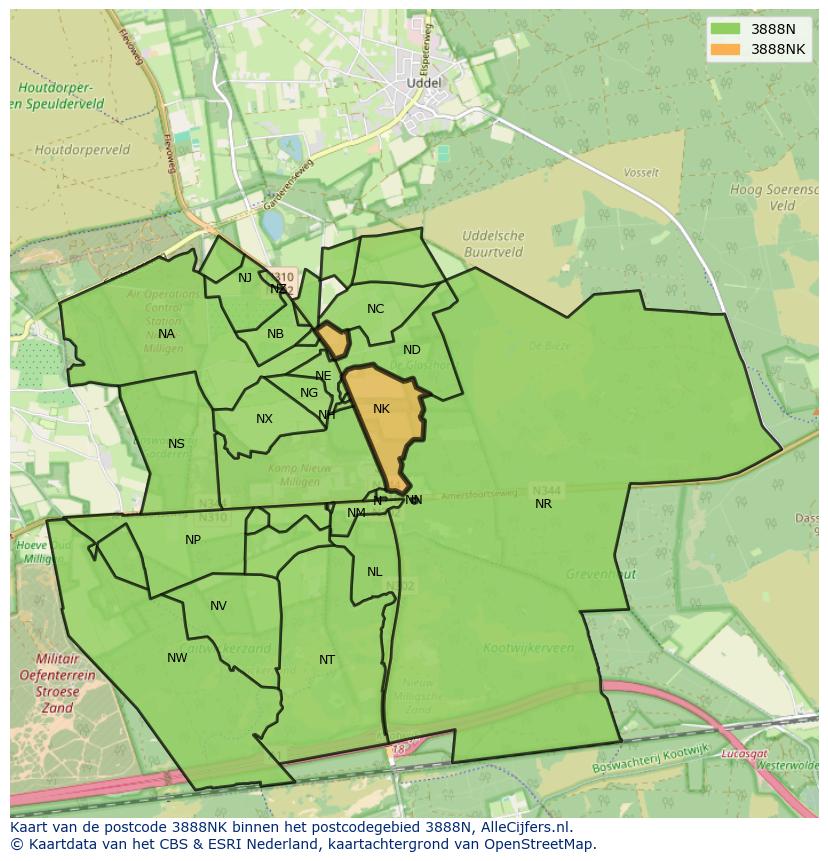 Afbeelding van het postcodegebied 3888 NK op de kaart.