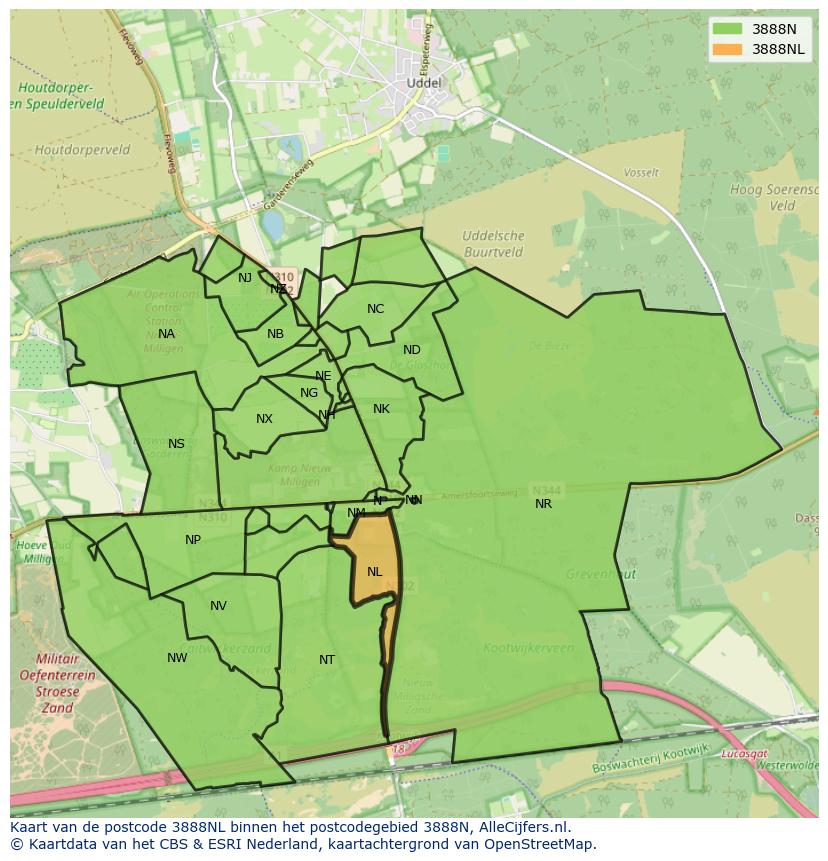 Afbeelding van het postcodegebied 3888 NL op de kaart.